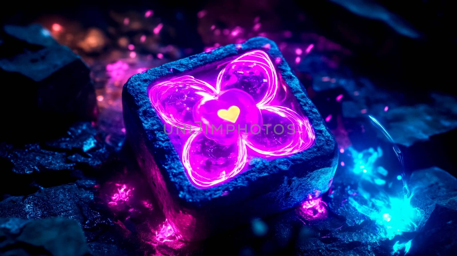 Glowing power up item with a heart at the center, encased in a stone and surrounded by vibrant energy effects, creates a captivating visual