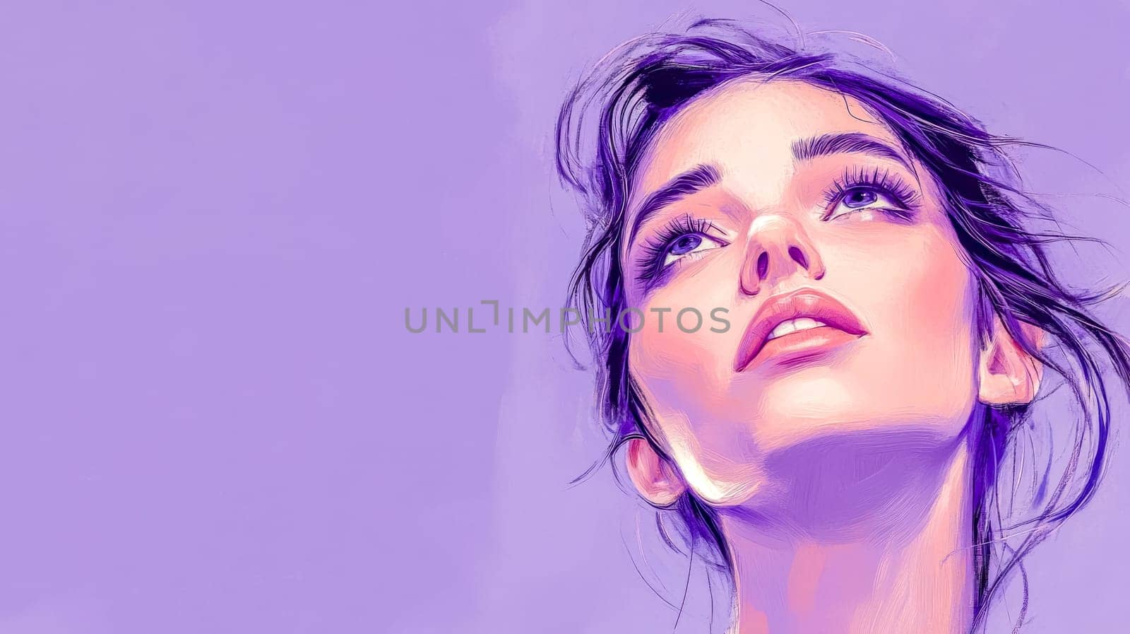 Portrait painting of a young woman with dreamy expression, soft smile, looking up on a purple background, her hair slightly blowing in the wind