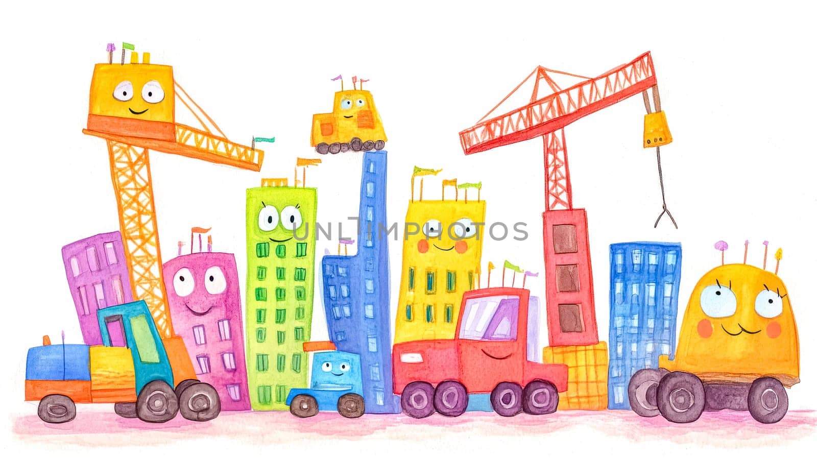Colorful watercolor illustration featuring smiling buildings and construction vehicles, creating a cheerful and playful scene for children's projects