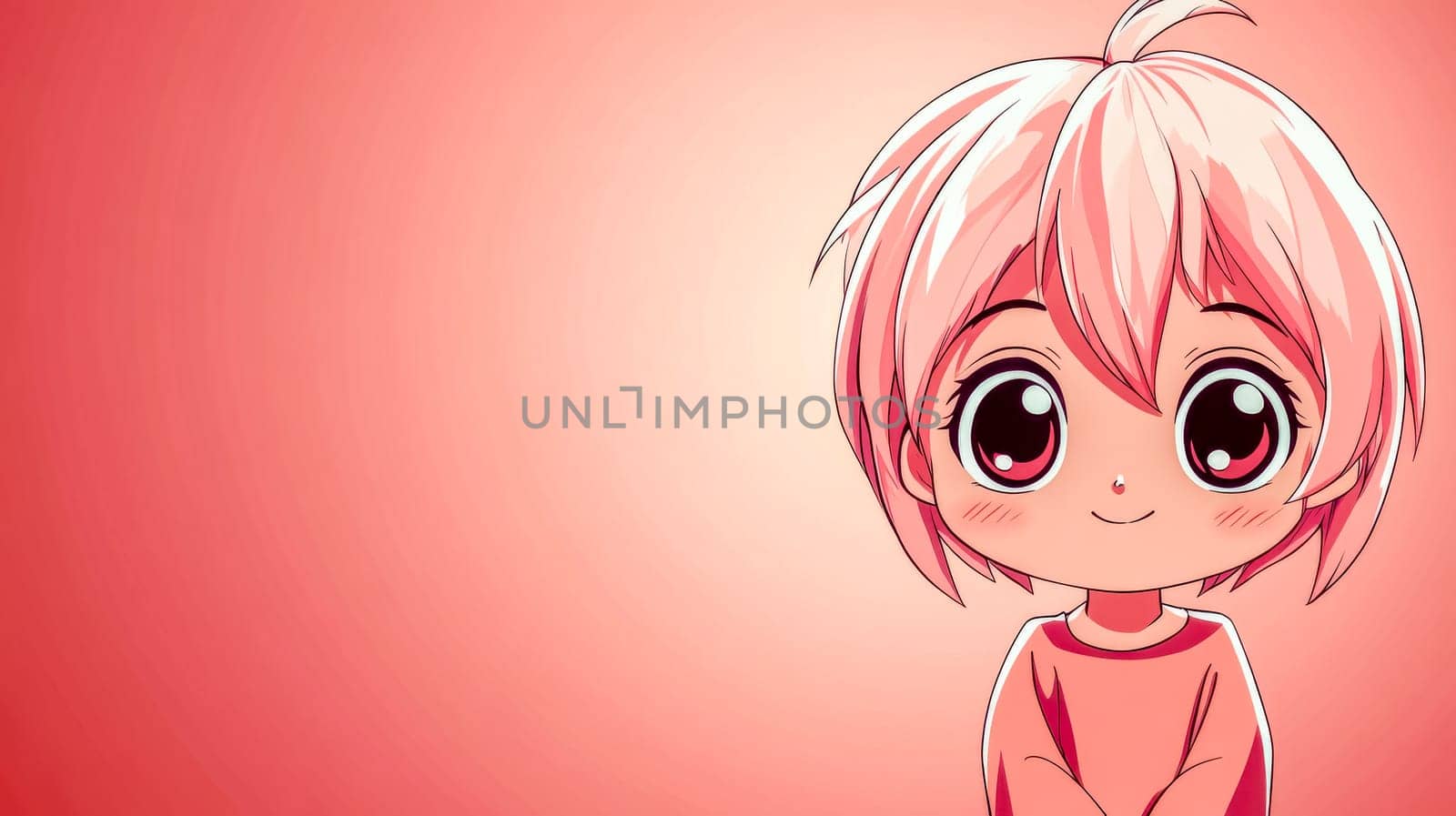 Charming chibi anime girl with pink hair and large, expressive eyes smiles gently against a soft pink backdrop, creating a heartwarming and adorable scene