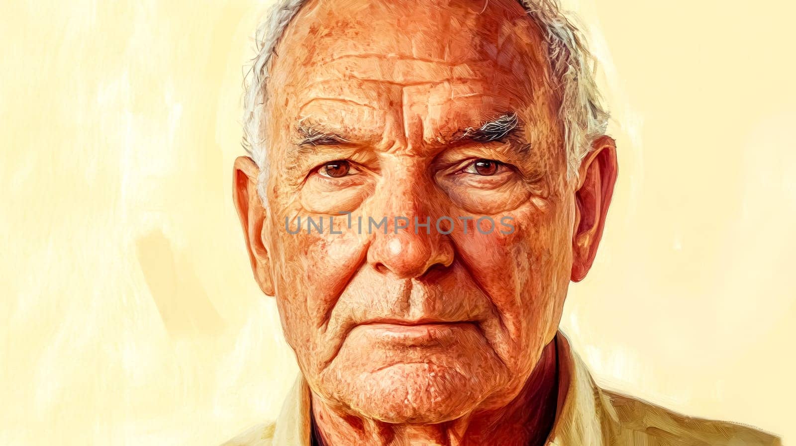 Close up portrait of an elderly man with a thoughtful expression, showcasing wrinkles that reveal a life rich in wisdom and experience against a warm yellow background