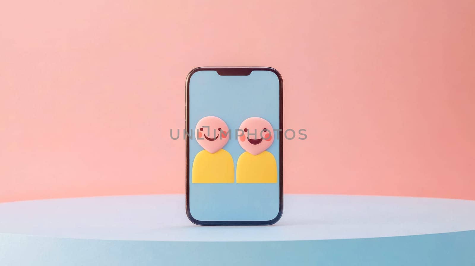 Mobile phone displaying two matching profiles with smiling faces, symbolizing online dating, social connection, and finding love in the digital age, against a vibrant pastel backdrop
