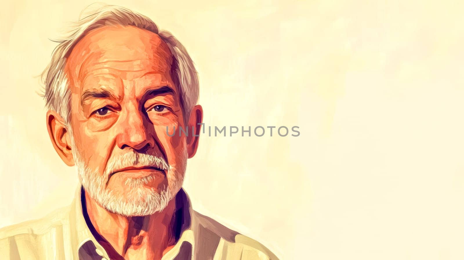 The portrait captures a senior man with a contemplative expression, his lined face and white beard suggesting a lifetime of accumulated wisdom and experience, evoking a sense of nostalgia and depth