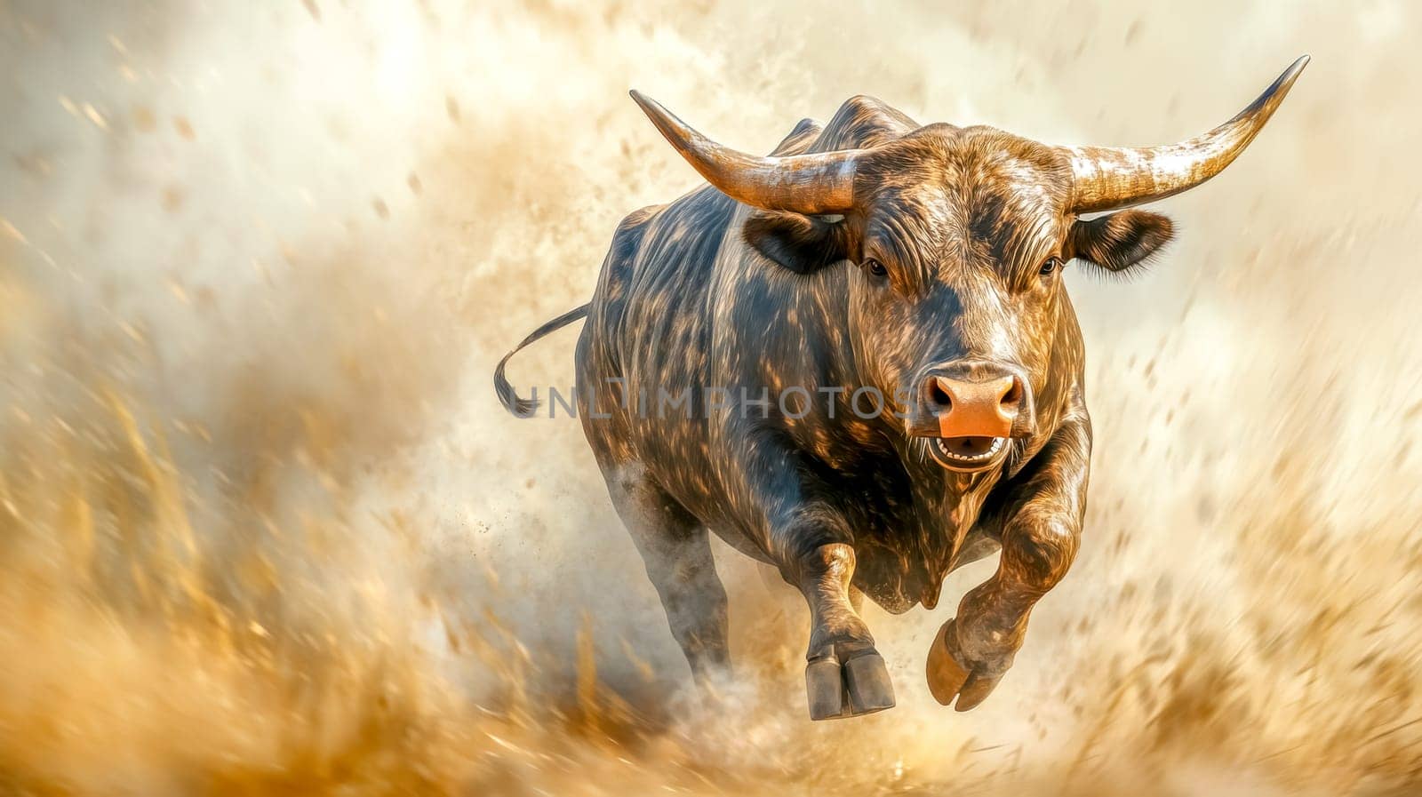 Muscular bull charging forward, kicking up dust and debris while racing through the arena, radiating power and determination with every swift, powerful stride