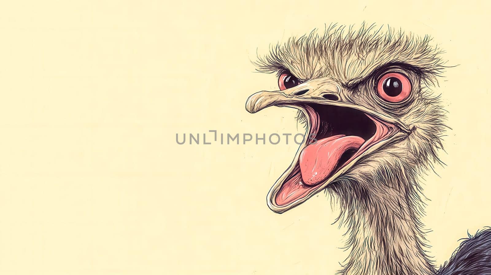 Illustration of an ostrich opening its beak, showing its tongue and sharp eyesight, set against a vibrant yellow background, creating a striking and captivating image