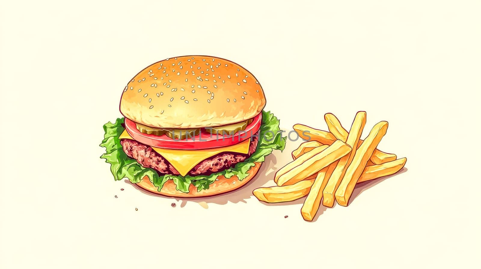 Classic cheeseburger with lettuce, tomato, pickles, and cheese served with a side of crispy golden french fries, creating a tempting fast food meal