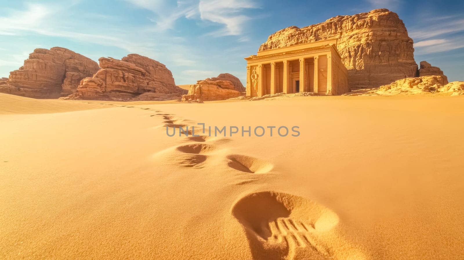 Footprints are visible in the sand leading towards a historical landmark in a vast desert landscape, showcasing the impact of human presence amidst ancient ruins