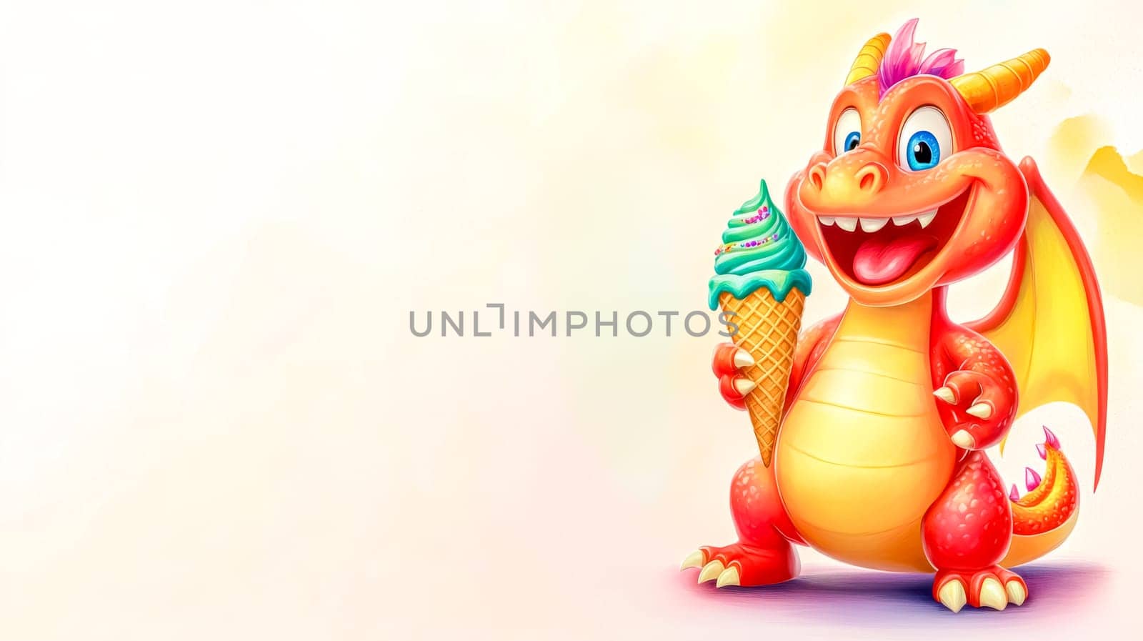 Friendly cartoon dragon with wings and a big smile enjoying a colorful ice cream cone, perfect for children's illustrations or fantasy projects