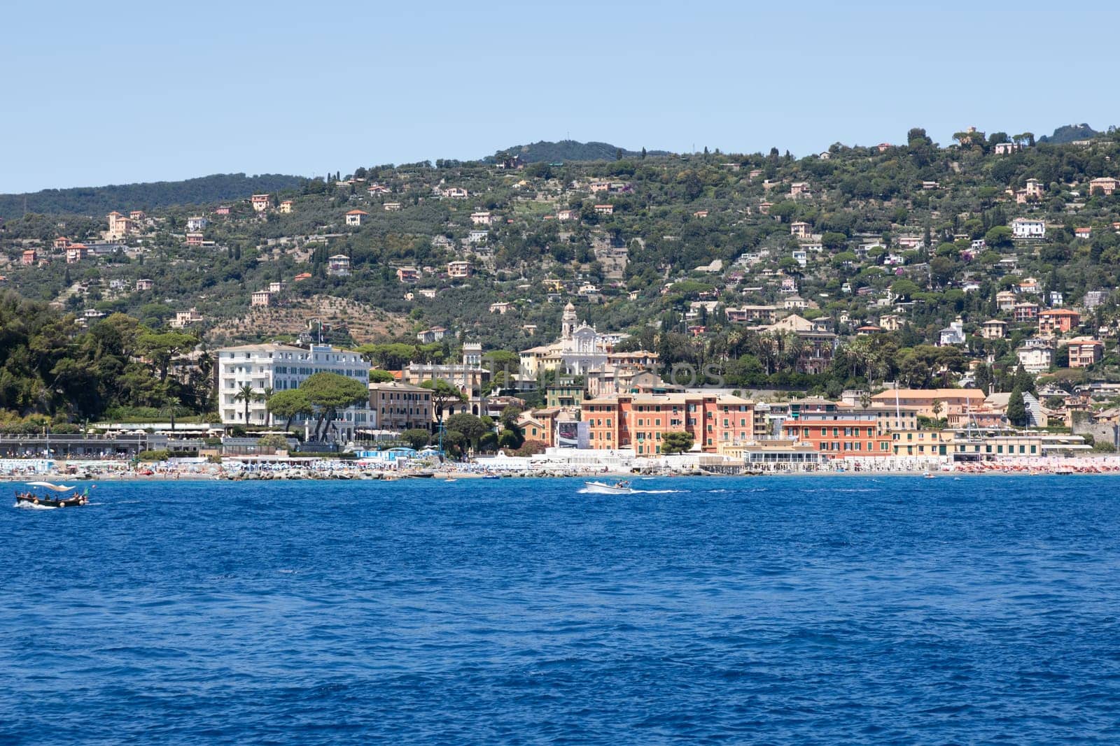 Liguria, Italy - 07 August 2023: the coastline between Rapallo and Santa Margherita Ligure, Ligurian riviera.