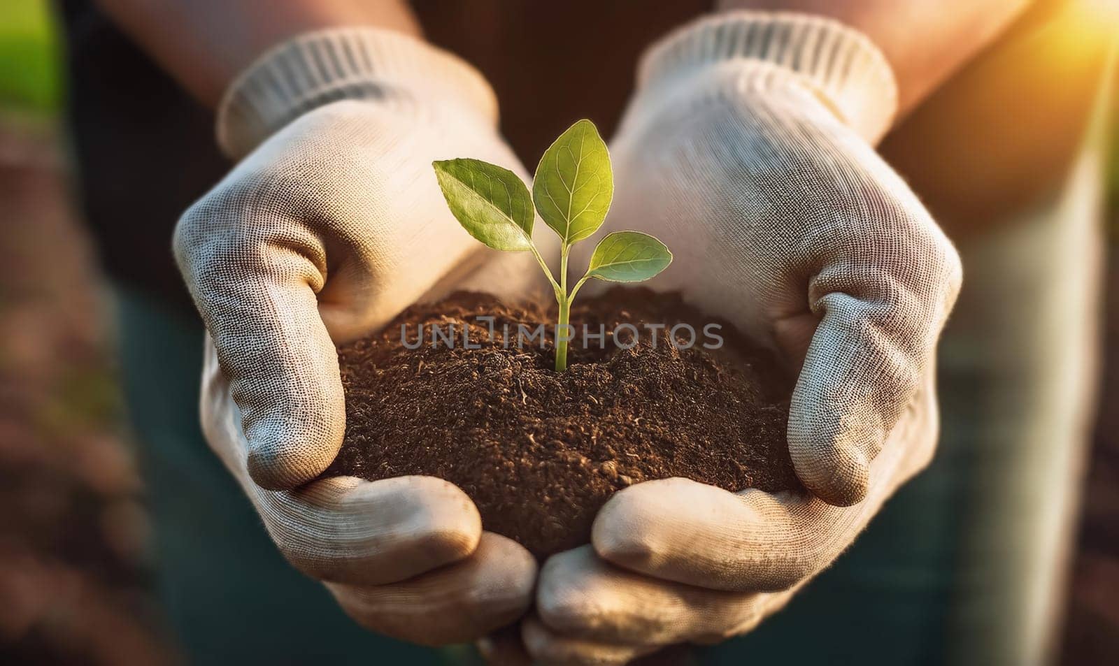 Woman gardener hands holding fertile soil with grown green seedling. Closeup palms wearing working gloves planting a fresh sprout. Bio food global supply. Eco farming concept