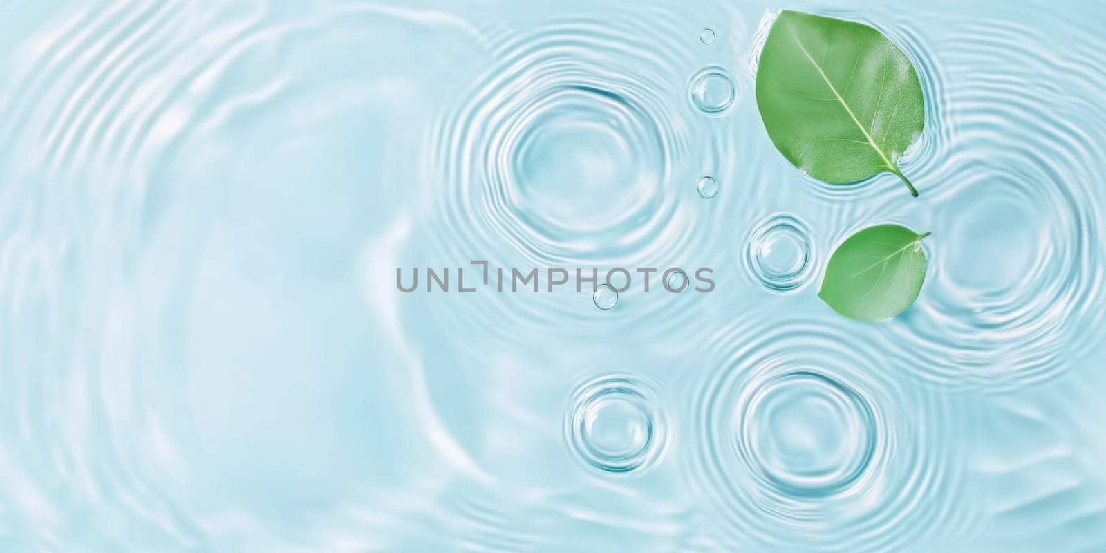 A green leaf floating on water showing ripples and bubbles, suitable as SPA background, AI generated