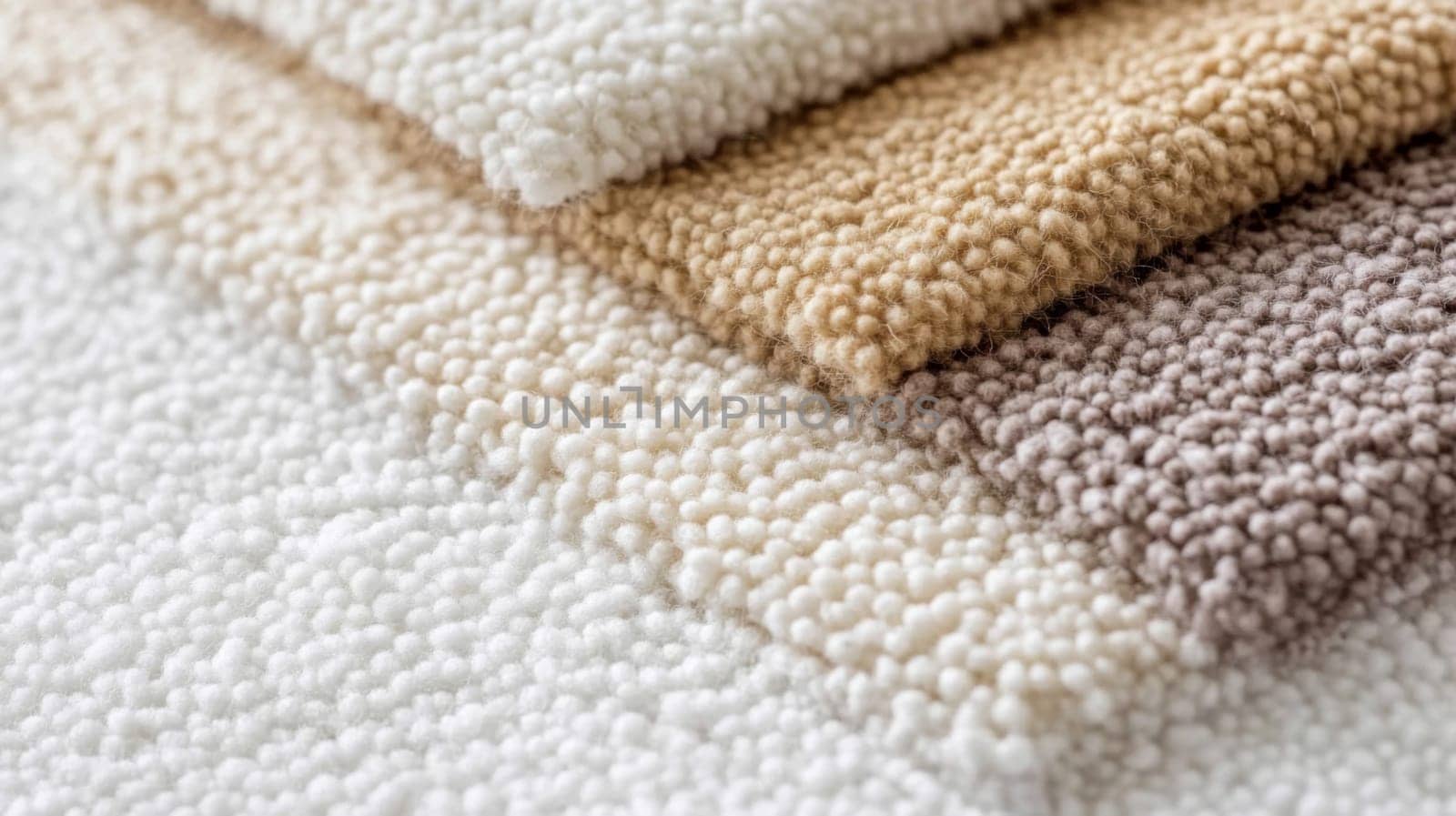 Boucle Fabric samples in various neutral colors close up arranged, texture detail, interior design palette background, AI generated