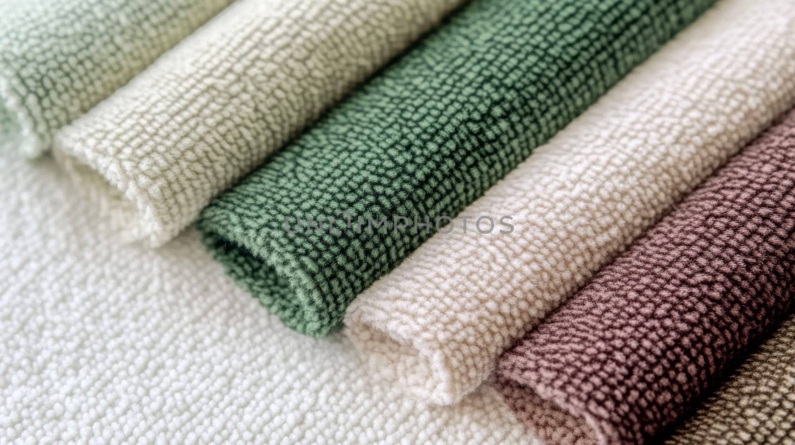 Chenille Fabric samples in various neutral colors close up arranged, texture detail, interior design palette background, AI Generated