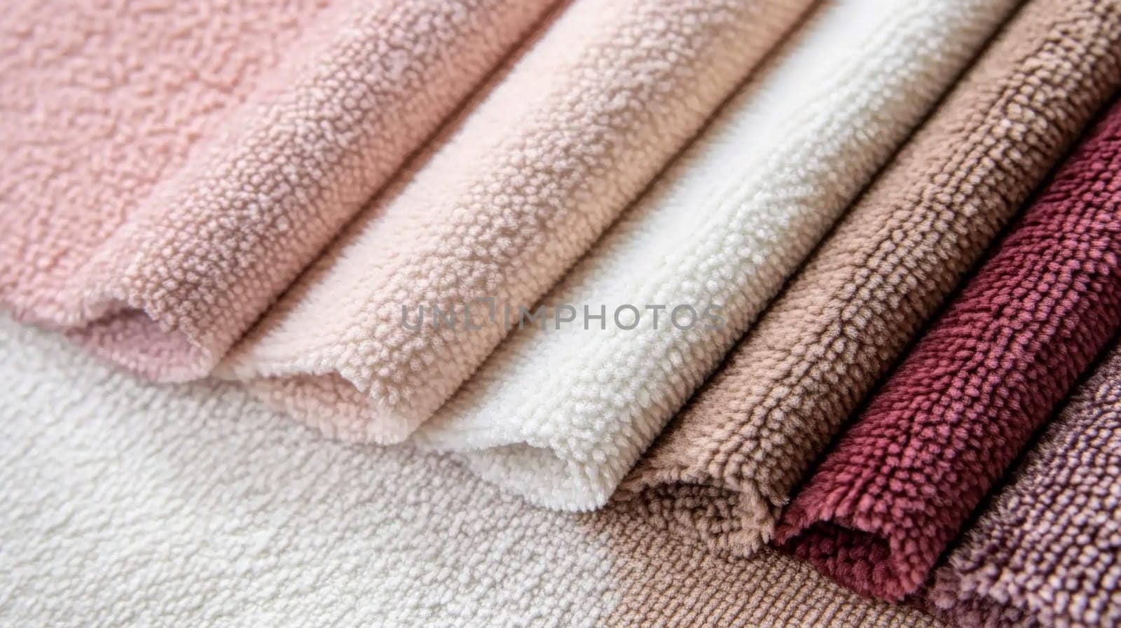 Chenille Fabric samples in various neutral colors close up arranged, texture detail, interior design palette background, AI Generated