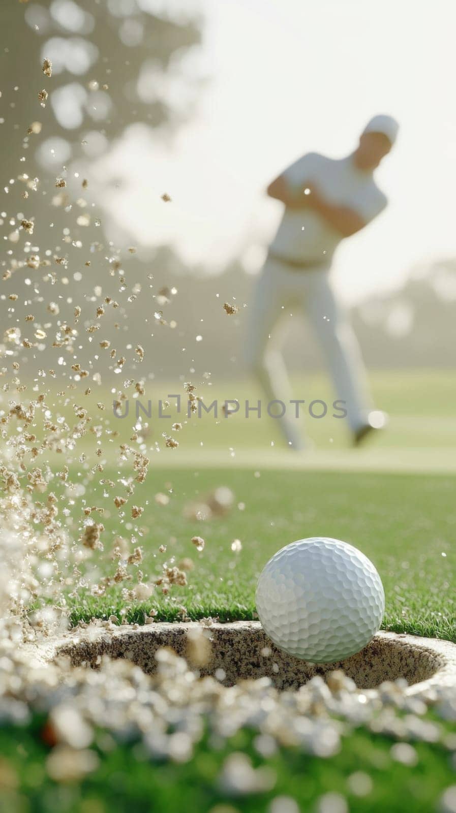 Golf ball in motion on lush green course during sunny day, action concept, AI generated