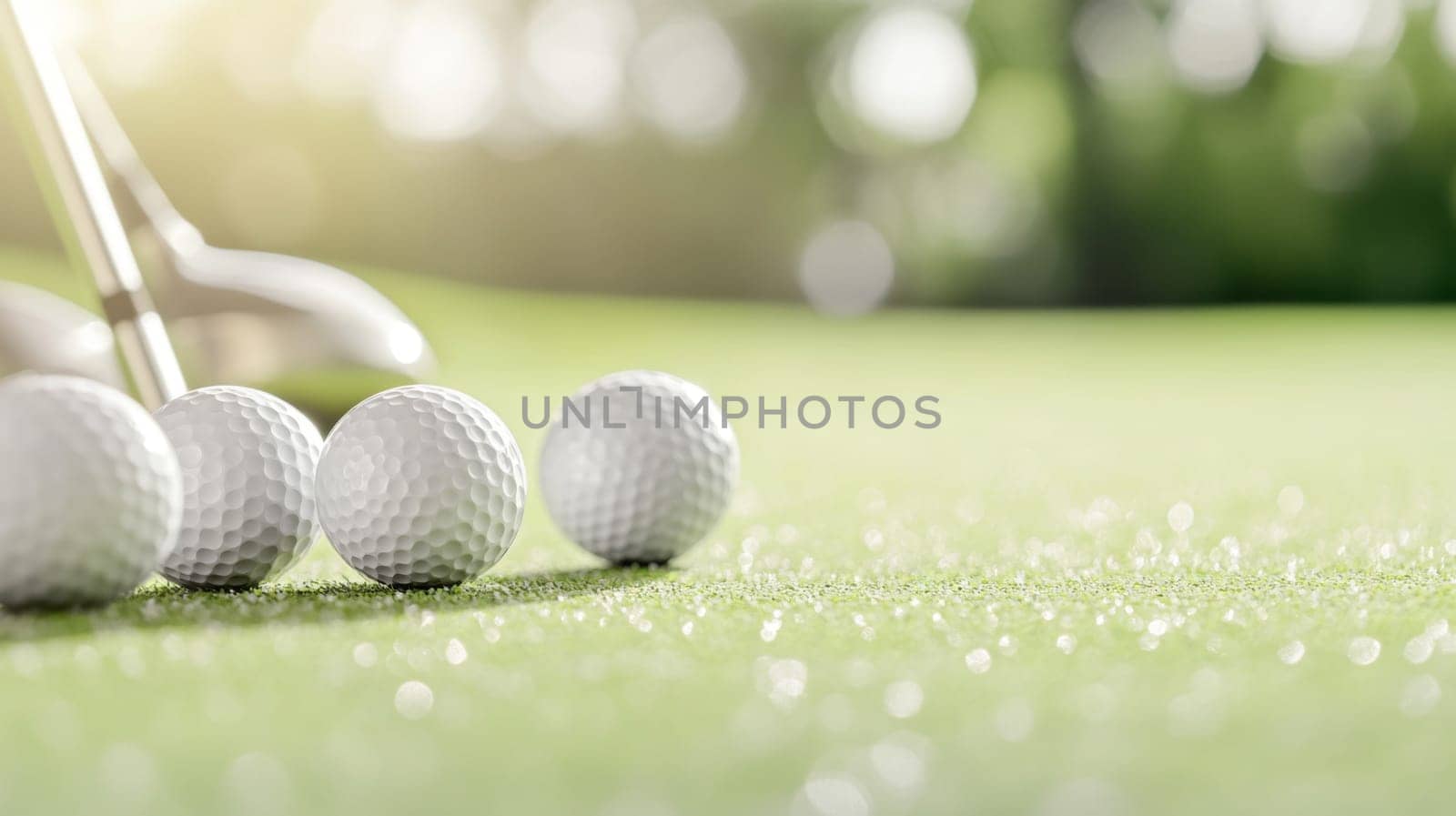 Golf ball on lush green grass, copy space for sports backgrounds, AI generated