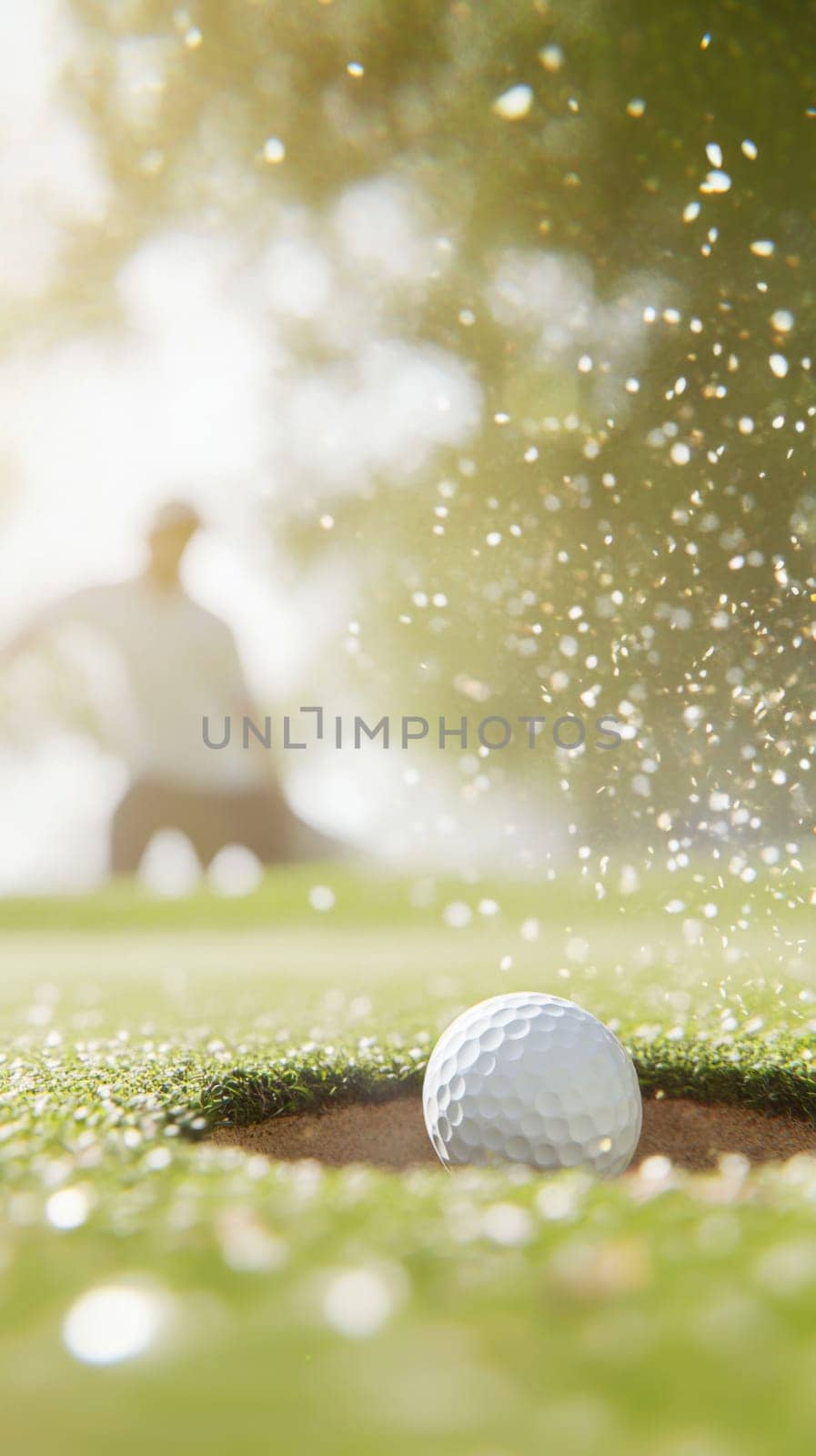 Golf ball in motion on lush green course during sunny day, action concept, AI generated