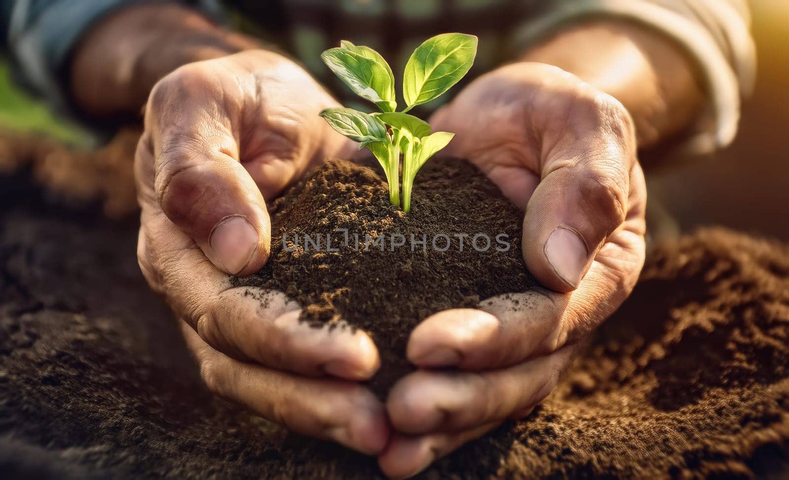 Senior gardener hands holding fertile soil with grown green seedling. Closeup old man palms planting a fresh sprout. Bio food supply as global agriculture issue. Hunger and malnutrition problems