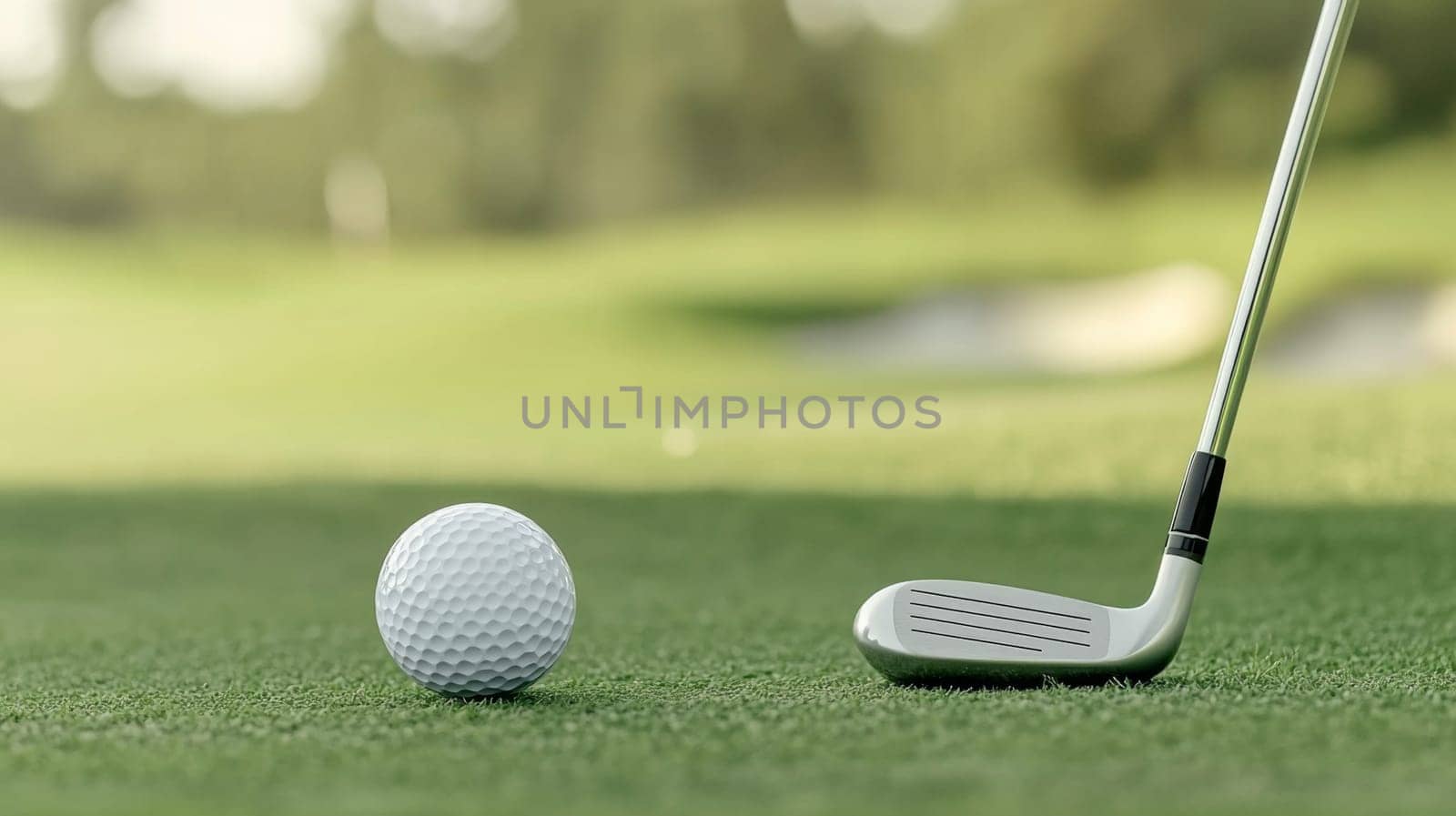 Golf ball on lush green grass, copy space for sports backgrounds, AI generated