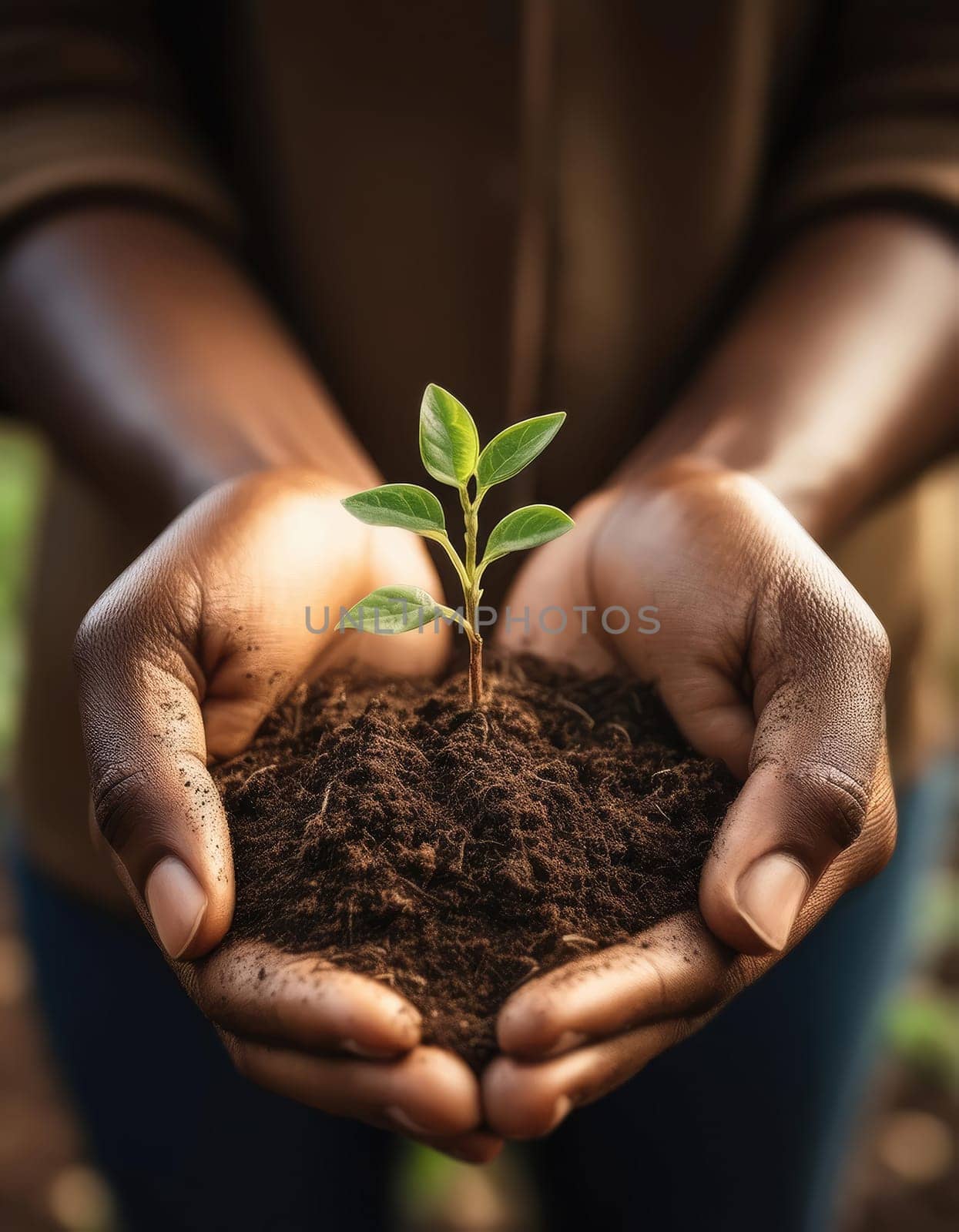 Gardener hands holding fertile soil with grown green seedling. Closeup afro-american person hands with fresh sprout in palms. Bio farming, agriculture sustainability and eco friendly gardening concept