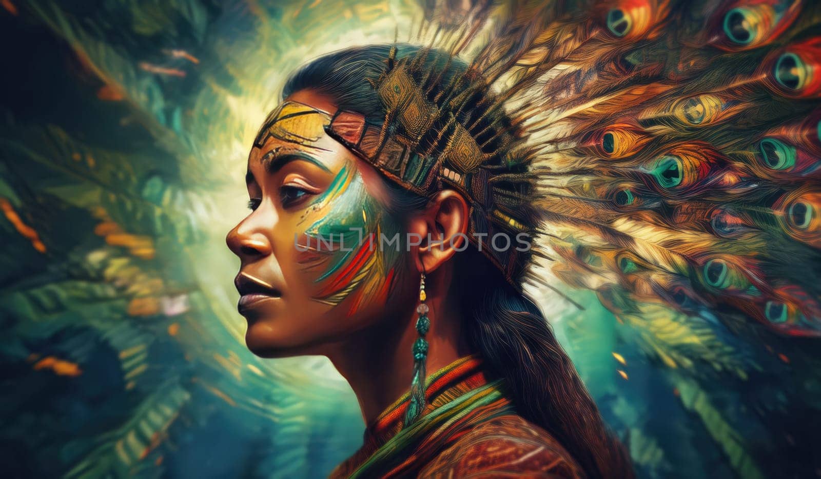 Native indian female portrait, wearing a headdress adorned with colorful peacock feathers. Vibrant green background with abstract jungle nature. Beautiful woman chieftain traditional maya civilization