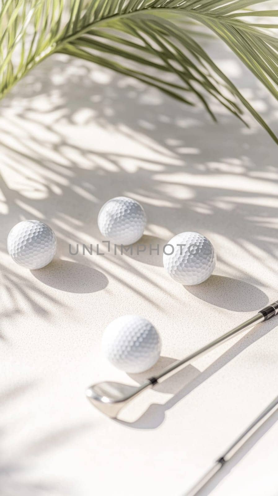 Golf balls and club on sunny textured surface with palm shadows, background, AI generated