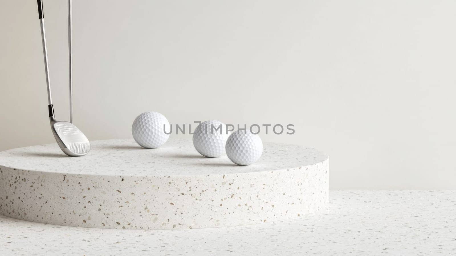 Golf club and two golf balls casting shadows on white surface, background, AI generated