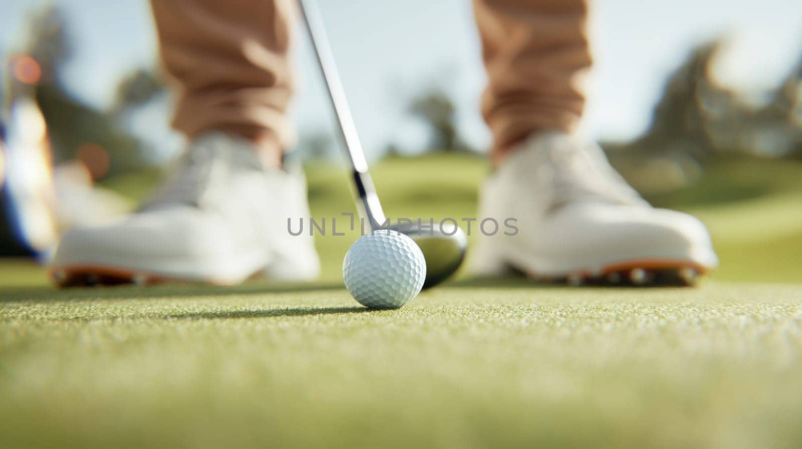 Golf ball in motion on lush green course during sunny day, action concept, AI generated
