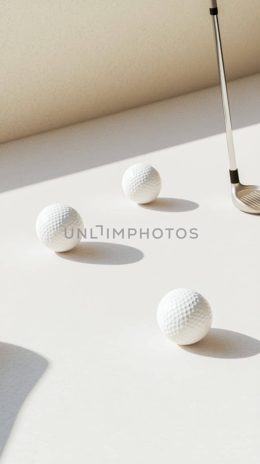 Golf club and two golf balls casting shadows on white surface, background, AI generated