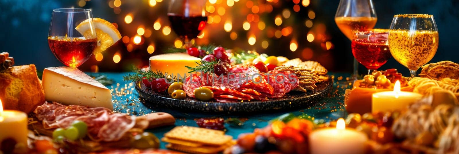 Festive charcuterie board with assorted cheeses and meats on rustic table, background, AI generated