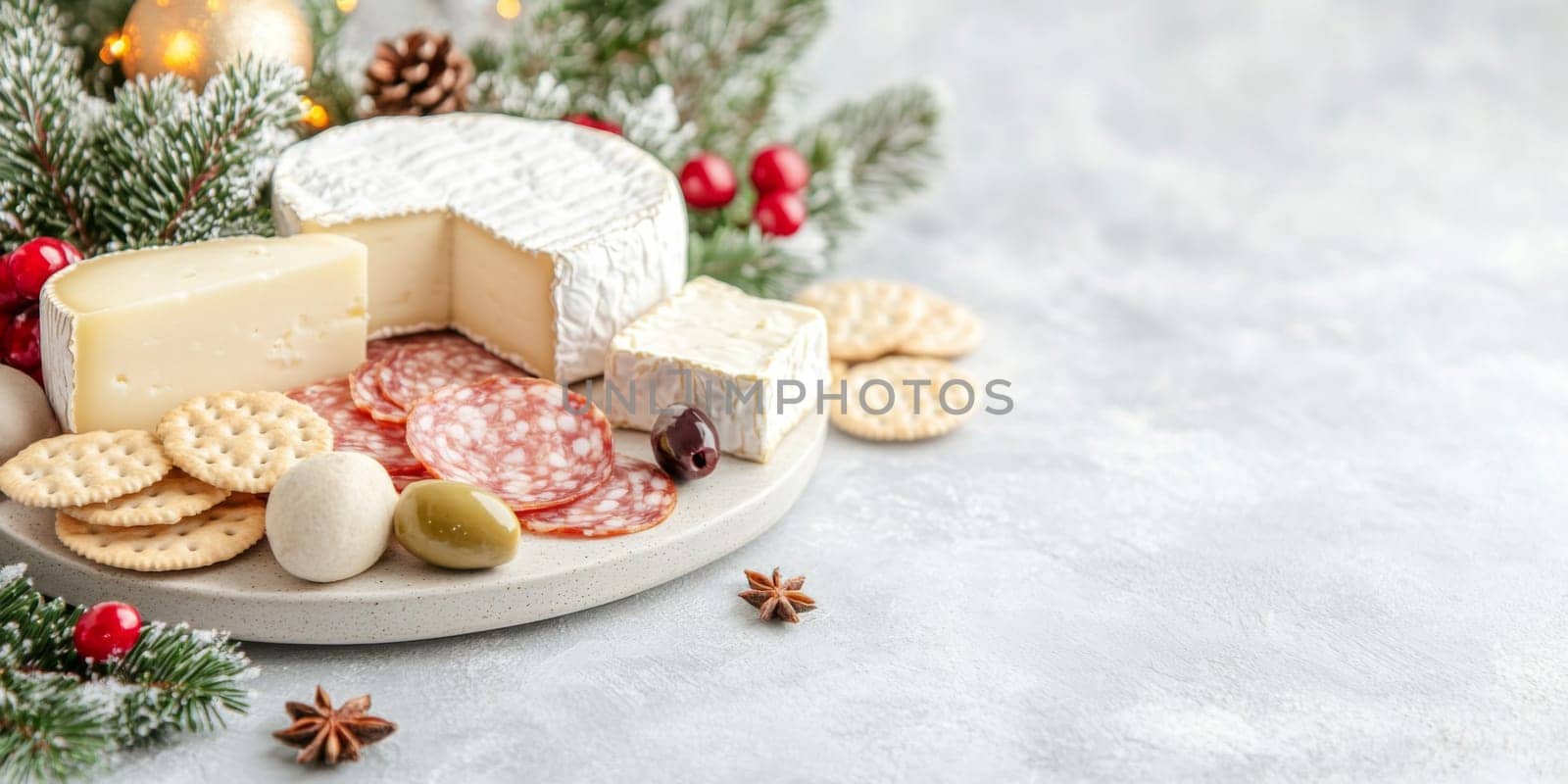 Christmas or New Year holiday charcuterie platter with cheeses, salami, grapes, olives on board, festive background, copy space, AI generated
