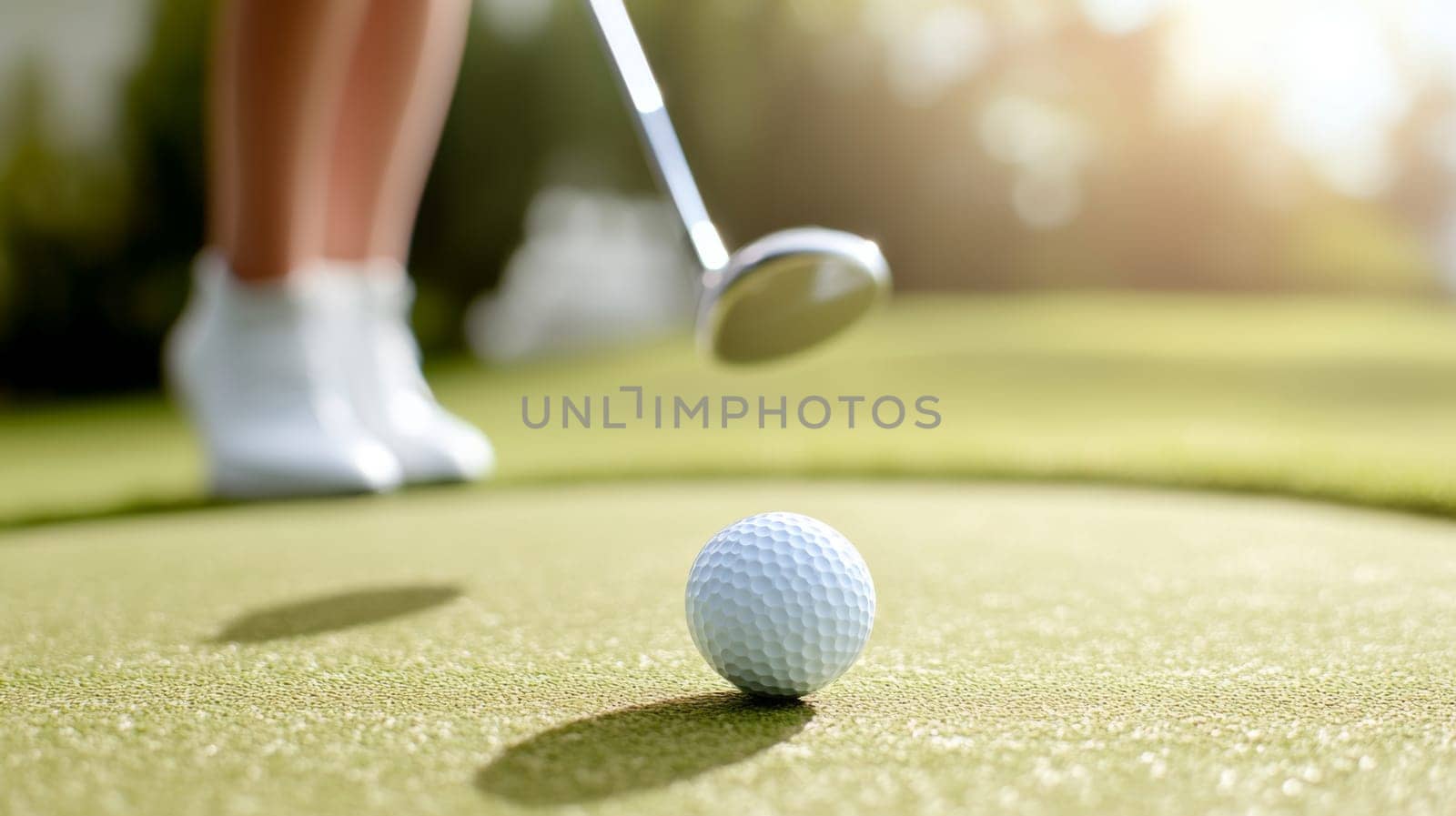 Golf ball in motion on lush green course during sunny day, action concept, AI generated