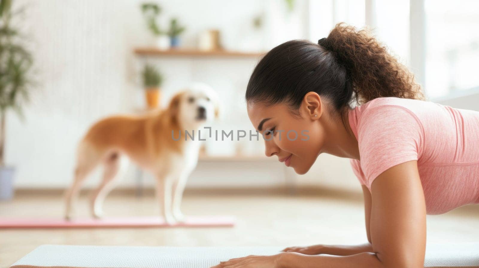 Woman practicing yoga in bright room with dog in background, AI Generated