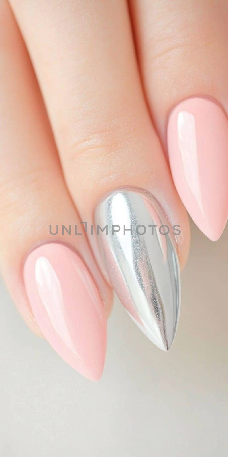 Metallic silver chrome nails closeup with rhinestone accents, vertical background, AI Generated