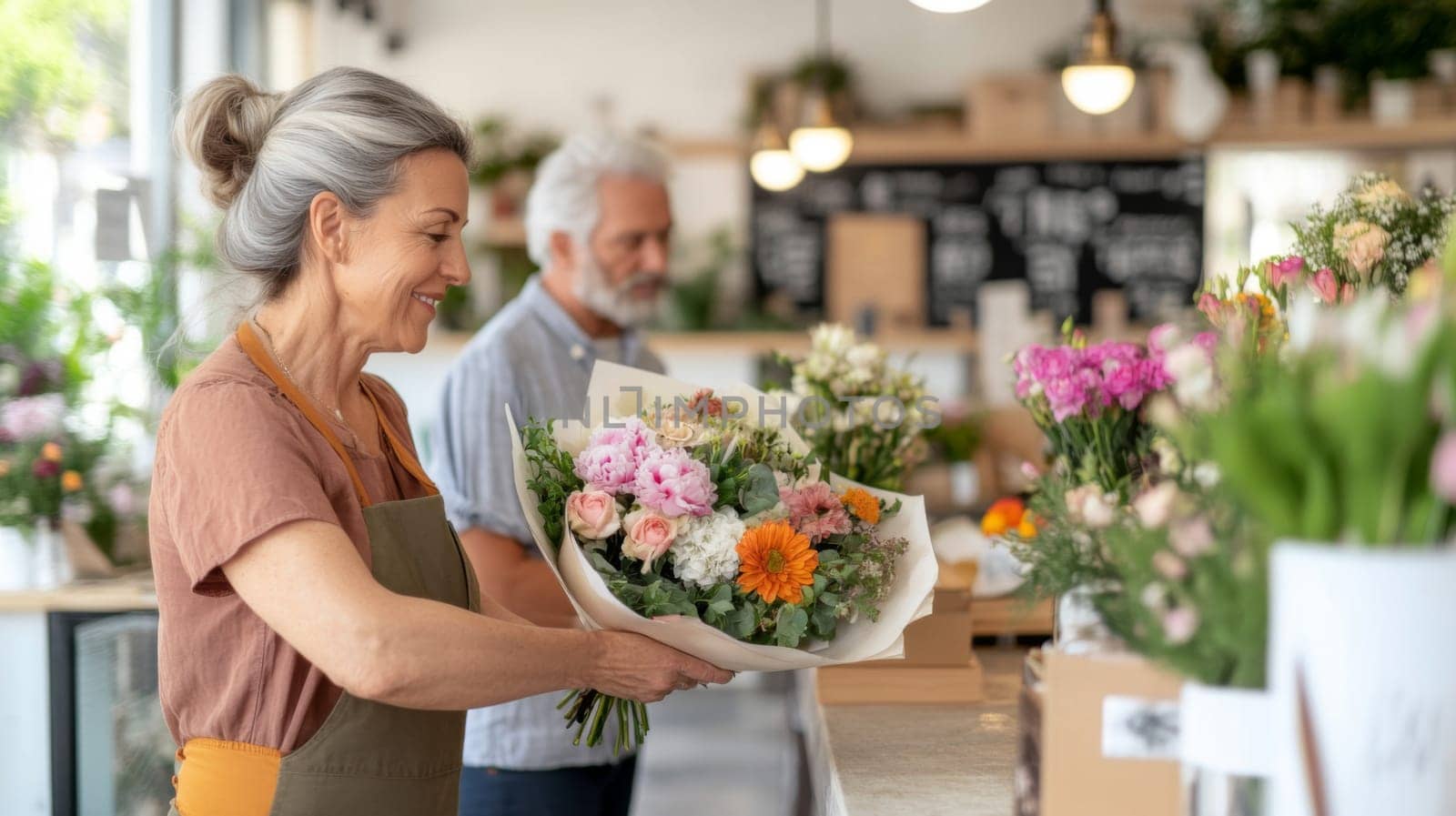 Mature florist woman creates bouquet of flowers in flower store, AI Generated