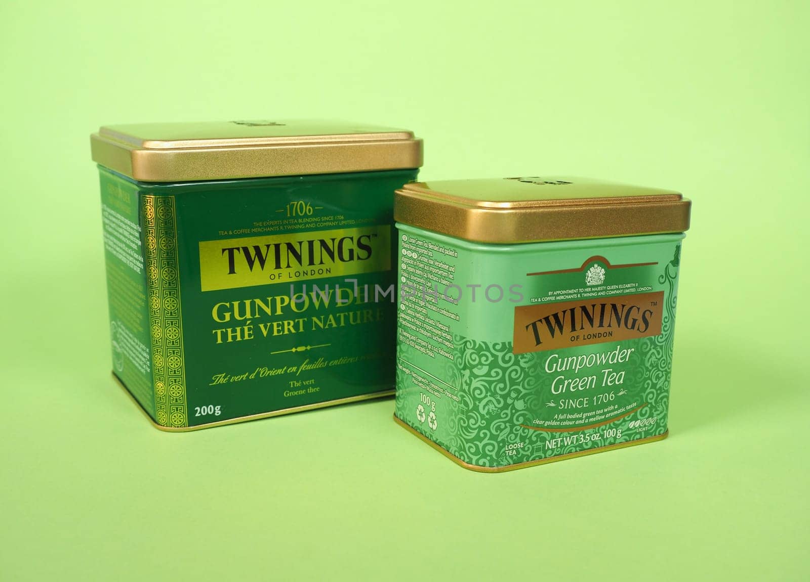 LONDON, UK - NOVEMBER 17, 2024: Cans of Twinings gunpowder green tea