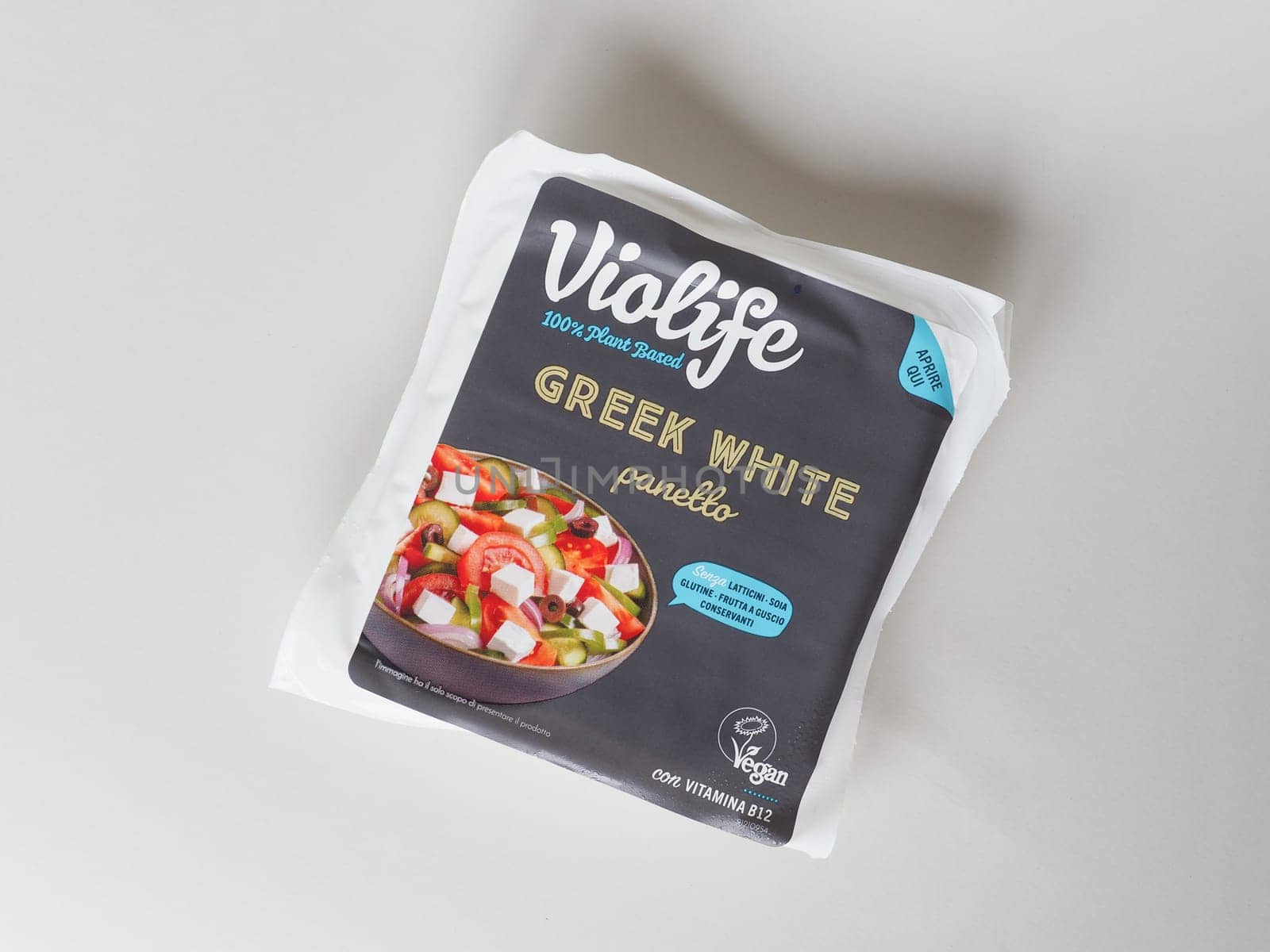 THESSALONIKI, GREECE - SEPTEMBER 12, 2024: Packet of Violife greek white non cheese plant based food