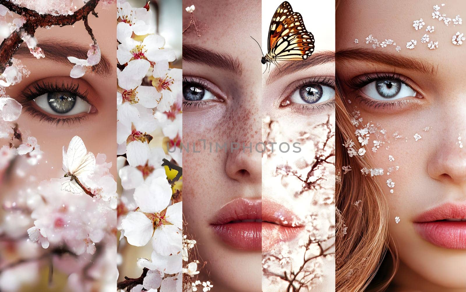 In a vibrant collage, four young women showcase their beauty with delicate floral arrangements and butterflies. Each portrait reflects the essence of spring. Natural intricate details. Faces of spring