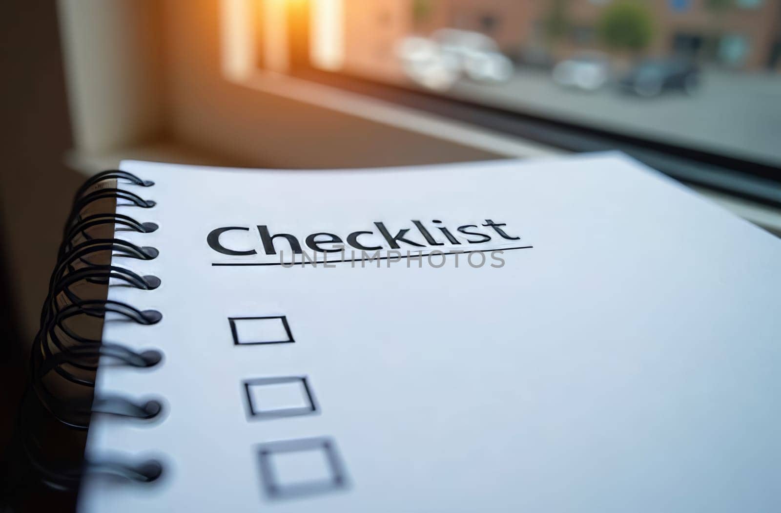 A checklist is placed on a desk near a window, with natural light illuminating the paper. The empty boxes indicate tasks yet to be completed, emphasizing organization and planning.