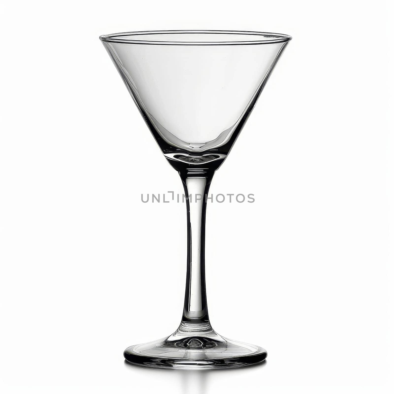 A tall, clear martini glass stands elegantly on a shiny surface. Its delicate design enhances the aesthetic of classic cocktails, perfect for upscale gatherings or casual moments.