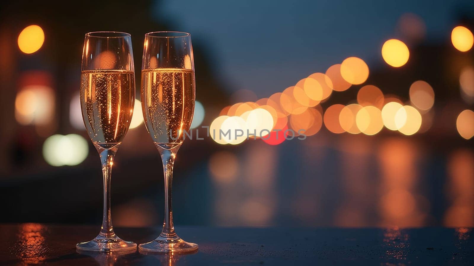 Two elegant glasses filled with sparkling beverages sit on a ledge, illuminated by soft street lights and city ambiance during dusk. The vibrant city atmosphere enhances the festive mood. Copy space