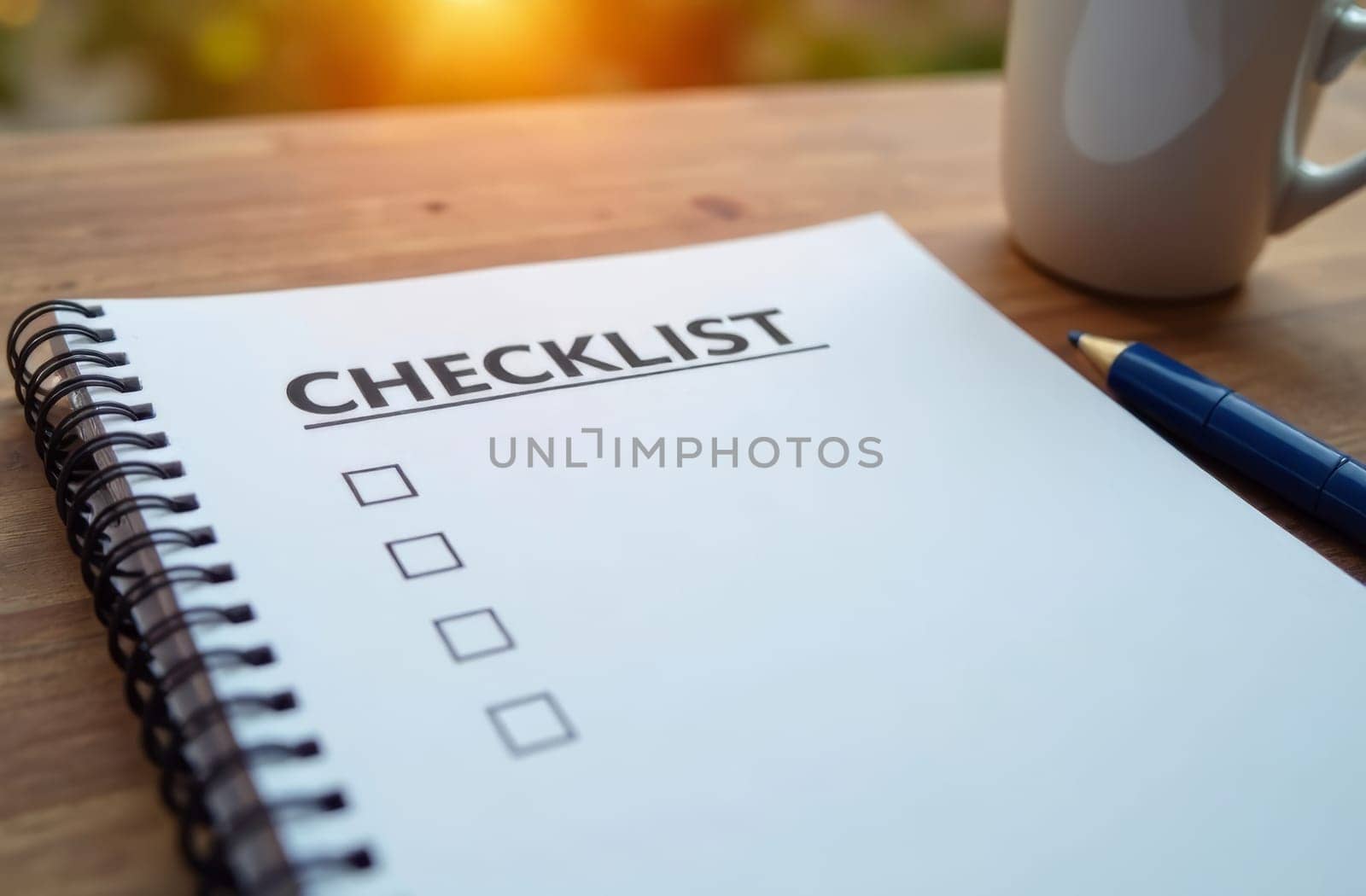 A spiral-bound checklist sits on a wooden table beside a white coffee mug and a blue pen. Soft sunlight filters through, creating a warm and inviting atmosphere perfect for productivity.