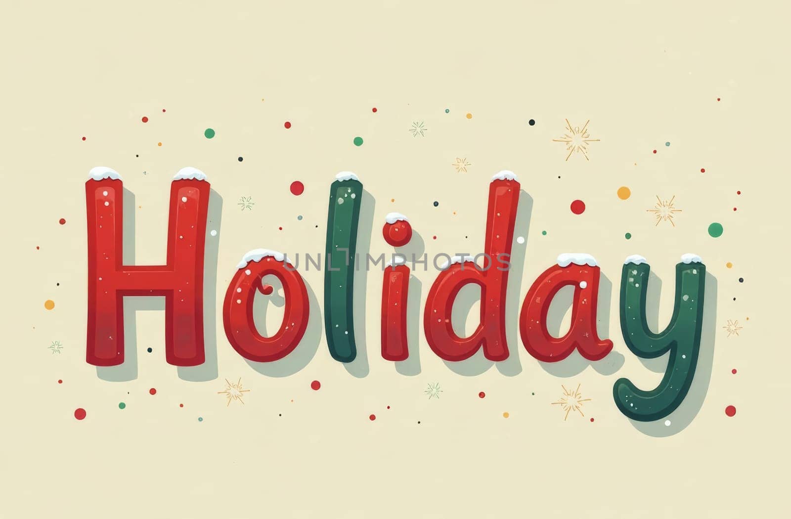 Colorful letters spelling out the word holiday are adorned with snow and surrounded by stars and dots. This festive design evokes a cheerful winter atmosphere perfect for celebrations.