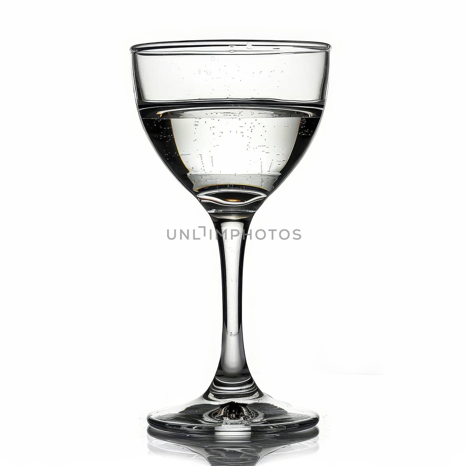 A classic cocktail glass stands upright, filled with a sparkling clear liquid, showcasing its elegant shape. The glass reflects light subtly against a white background, creating a clean look.