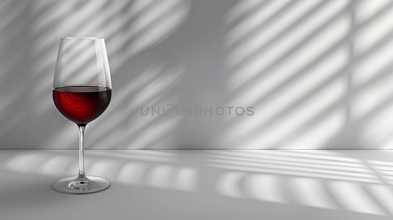 A clear glass of deep red wine sits on a minimalist surface, illuminated by soft light. Striking shadows from nearby blinds create a beautiful interplay of light and dark. Copy space
