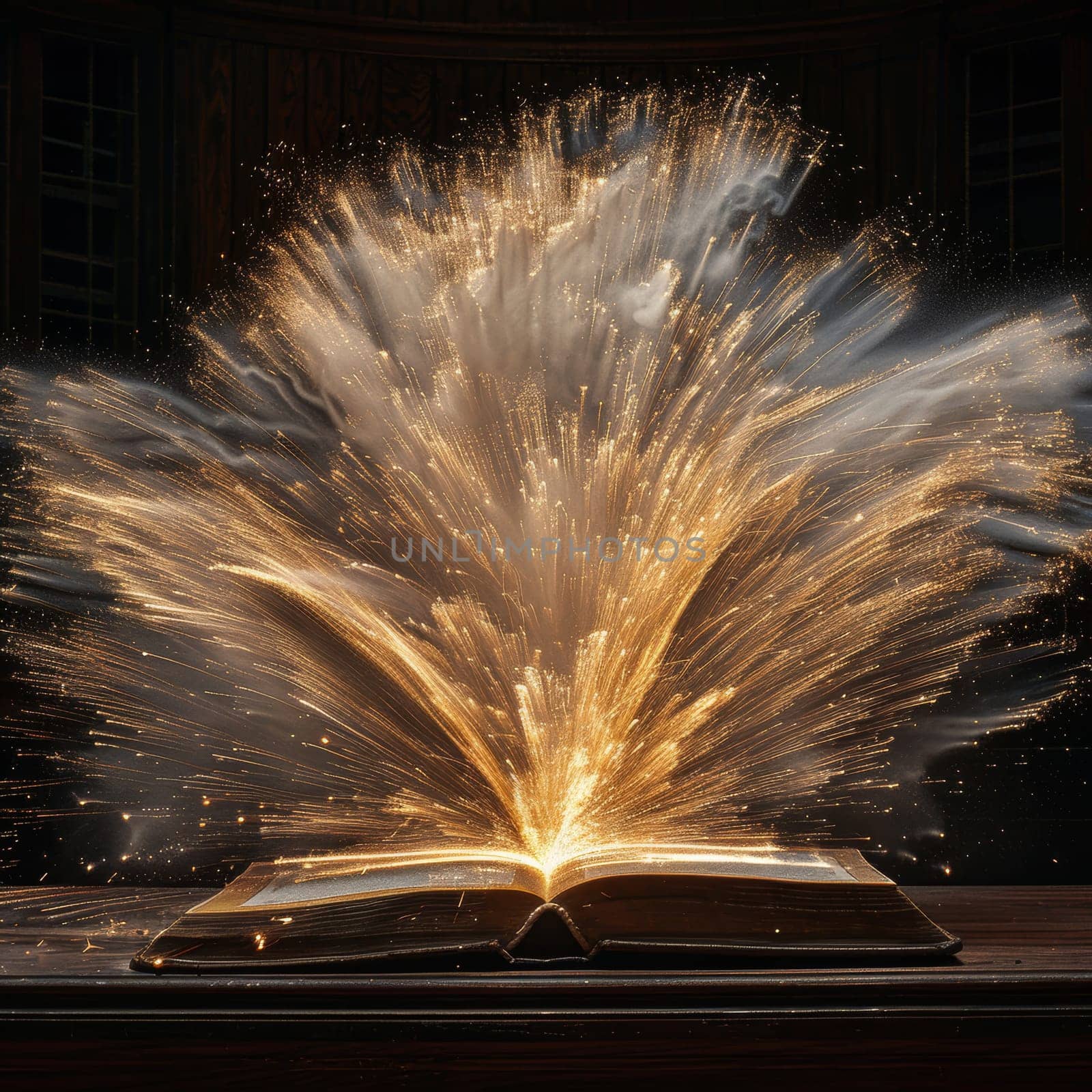 An ancient book lies open on a wooden table, with vibrant golden sparks exploding from its pages, creating a mesmerizing display of light in the dimly lit room, evoking a sense of magic and wonder.