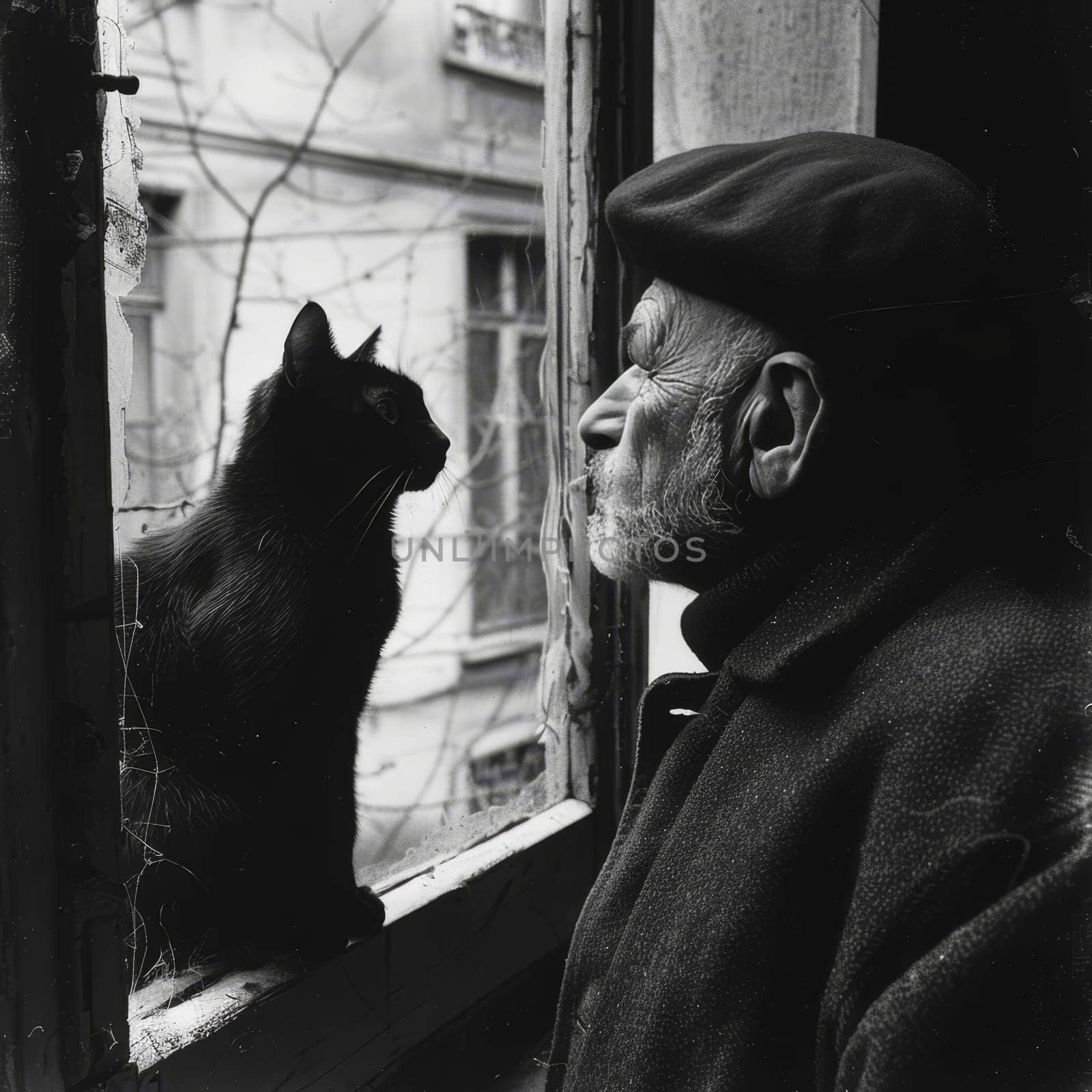 An elderly man and a black cat engage in a serene encounter. The man, wearing a dark cap, gazes intently at the cat from a window, surrounded by a cozy atmosphere and rustic architecture.