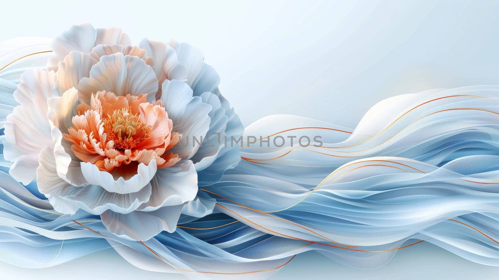A beautiful flower with delicate petals is surrounded by flowing waves in soft blue tones. The color palette creates a serene and calming atmosphere, perfect for floral enthusiasts.