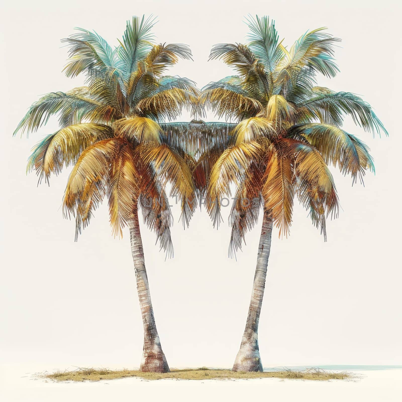 Two lush palm trees stand closely together, their leaves swaying gently in a light breeze under a clear blue sky. The warm sun illuminates their vibrant greenery, evoking a calming tropical vibe.