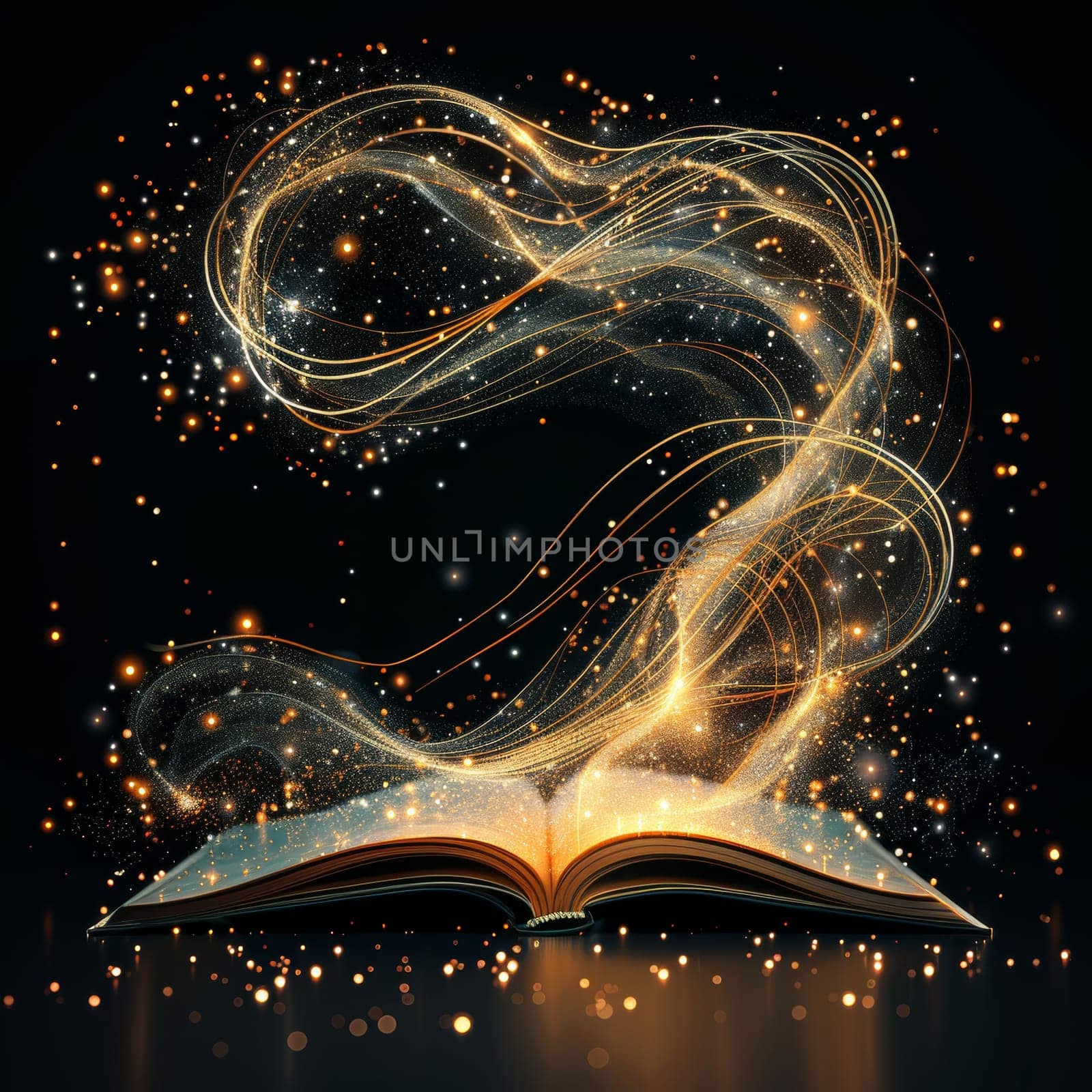 An open book emits golden lights and swirling particles, creating a magical atmosphere. The dark background highlights the enchanting glow, captivating the viewer's attention.